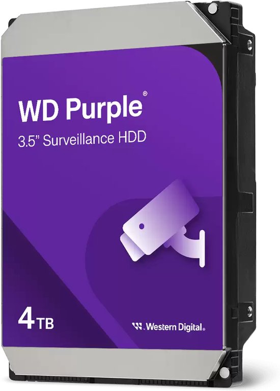 WD Purple 3.5" Surveillance HDD 4 TB harde schijf met paars logo en beveiligingscamera icoon.