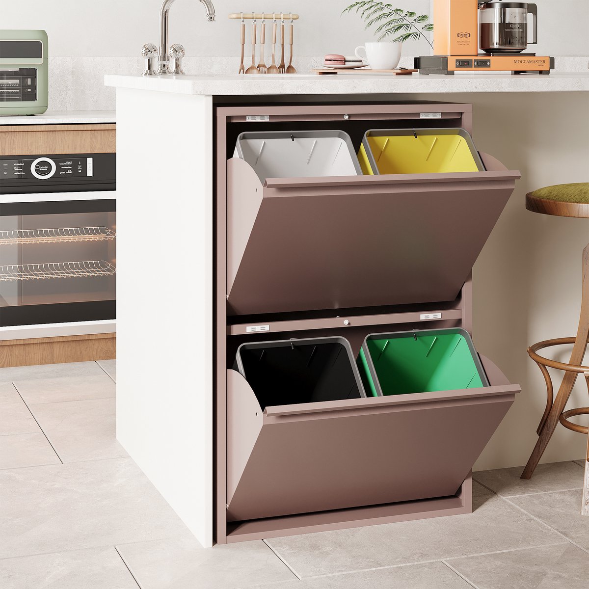Prullenbak Afvalscheiding 60 Liter (4x15L) - 4 Vakken met Gedempte Klep - Roze | Veehaus Clark