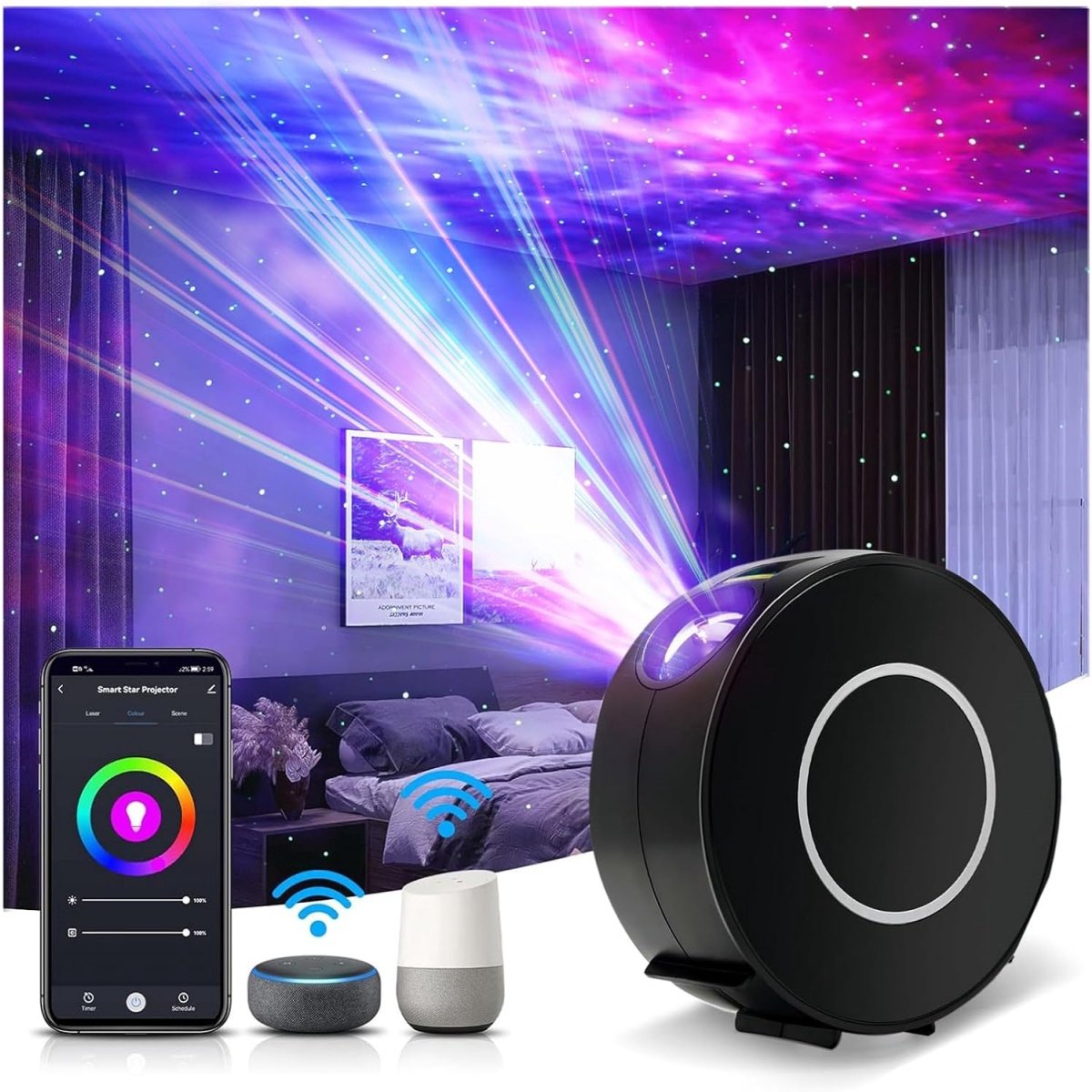 GELLDG LED WiFi Sterrenprojector - Slim Nachtlampje - 3D Sterrenprojector - Geschikt voor kinderen en volwassenen - Met RGB-dimmen/spraakbesturing/WiFi-connectiviteit - Kan gebruikt worden als decoratie geschikt voor kinderfeestjes