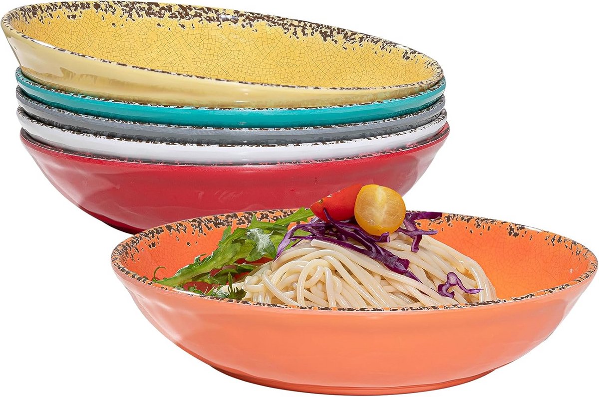 Set van 6 Grote Vintage Melamine Pastabakken - Kleurrijk en Vaatwasmachinebestendig