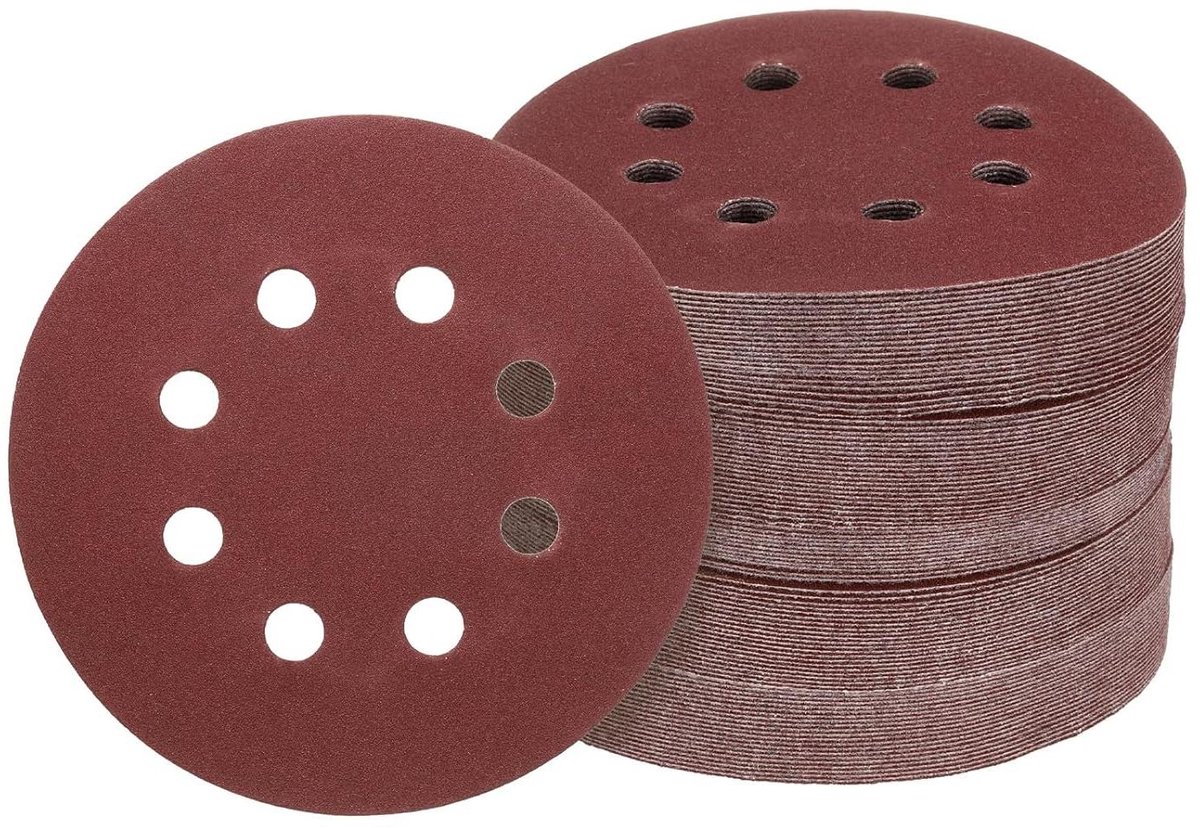 Allecta - Haak- en schuurpapierschijven - 150 stuks - 15 cm - 8 gaten - 240 korrelgrootte - Aluminiumoxide schuurpapier - Excentrische schuurmachine - Houtbewerking - Zand - Autolak - Rood