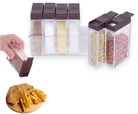 Une main prend un pot d'épices d'un ensemble de 6, à côté d'un ensemble de 2. Frites et viande en arrière-plan.