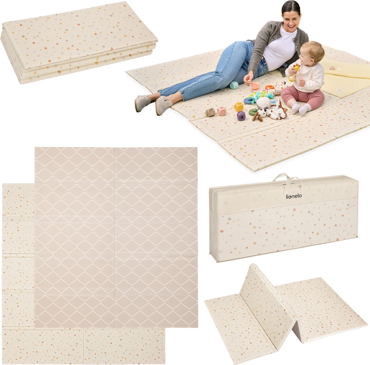 Lionelo Zora Speelmat Baby – Premium Foam Speelkleed 180×200×1.5 cm – Dikke Dubbelzijdige Kruipmat Antislip – Boho Beige Speeltapijt voor Woonkamer & Kinderkamer – Opvouwbaar + Opbergtas – Baby Speelgoed vanaf 0+ Maanden – Grote Speelmat voor Cadeau — afbeelding 16