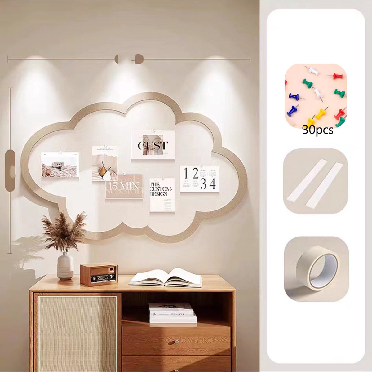Wolkenprikbord met punaises Leuke wanddecoratie Viltkurkbord Zelfklevende kurken memoborden Opvouwbaar decoratief prikbord voor thuis, kantoor, school, bruin