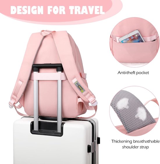 Roze rugzak 'DESIGN FOR TRAVEL' met anti-diefstal vak en ademende schouderbanden.