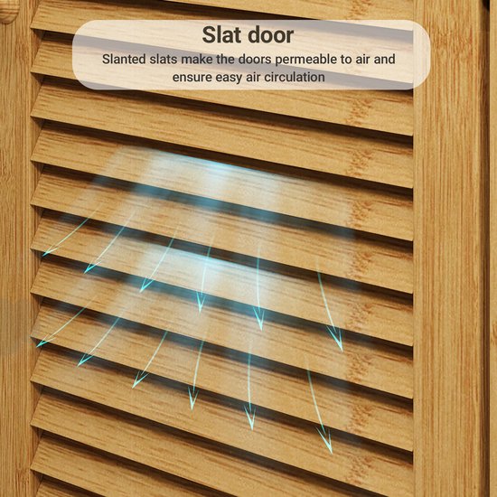 Close-up van lamellendeuren van een bamboe kast, met gestileerde luchtstroom die ventilatie aangeeft.