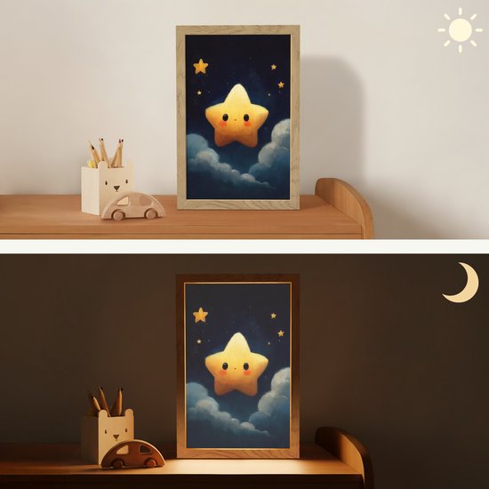 Nachtlampje 20x30 cm - Kinder lampje - Ster - Gezichtje - Nacht - Wolken - Tafellamp kinderkamer - Slaapkamer lamp - Bedlamp kinderen - Kinderlampje stopcontact - Wandlamp babykamer - Nachtlampjes van OnlyWow — afbeelding 4