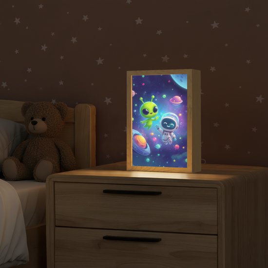 Nachtlampje 20x30 cm - Kinder lampje - Alien - Astronaut - Ruimte - Planeten - Tafellamp kinderkamer - Slaapkamer lamp - Bedlamp kinderen - Kinderlampje stopcontact - Wandlamp babykamer - Nachtlampjes van Merkloos — afbeelding 2