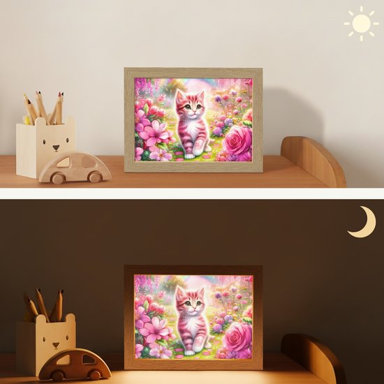 Nachtlampje 20x15 cm - Kinder lampje - Kitten - Roze - Kat - Regenboog - Bloemen - Tafellamp kinderkamer - Slaapkamer lamp - Bedlamp kinderen - Kinderlampje stopcontact - Wandlamp babykamer - Nachtlampjes van OnlyWow — afbeelding 4