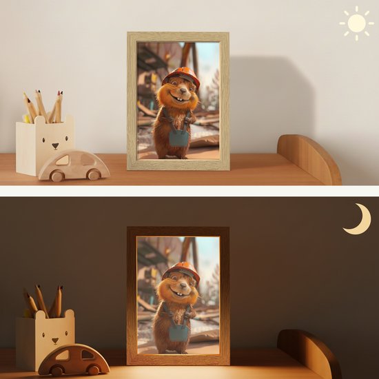 Nachtlampje 15x20 cm - Kinder lampje - Bever - Bouw - Bouwhelm - Dier - Tafellamp kinderkamer - Slaapkamer lamp - Bedlamp kinderen - Kinderlampje stopcontact - Wandlamp babykamer - Nachtlampjes van Merkloos — afbeelding 4