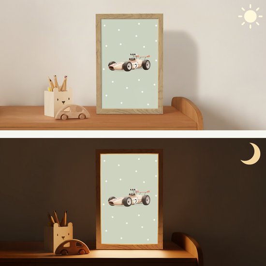 Nachtlampje 20x30 cm - Kinder lampje - Beige - Raceauto - Stippen - Tafellamp kinderkamer - Slaapkamer lamp - Bedlamp kinderen - Kinderlampje stopcontact - Wandlamp babykamer - Nachtlampjes van Merkloos — afbeelding 4