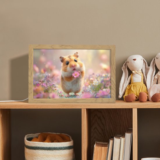 Nachtlampje 30x20 cm - Kinder lampje - Hamster - Bloemen - Roze - Oranje - Tafellamp kinderkamer - Slaapkamer lamp - Bedlamp kinderen - Kinderlampje stopcontact - Wandlamp babykamer - Nachtlampjes van OnlyWow — afbeelding 3