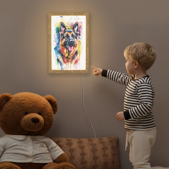 Nachtlampje 20x30 cm - Kinder lampje - Hond - Verf - Dieren - Kleurrijk - Duitse Herder - Tafellamp kinderkamer - Slaapkamer lamp - Bedlamp kinderen - Kinderlampje stopcontact - Wandlamp babykamer - Nachtlampjes van Merkloos — afbeelding 5