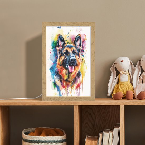 Nachtlampje 20x30 cm - Kinder lampje - Hond - Verf - Dieren - Kleurrijk - Duitse Herder - Tafellamp kinderkamer - Slaapkamer lamp - Bedlamp kinderen - Kinderlampje stopcontact - Wandlamp babykamer - Nachtlampjes van Merkloos — afbeelding 3