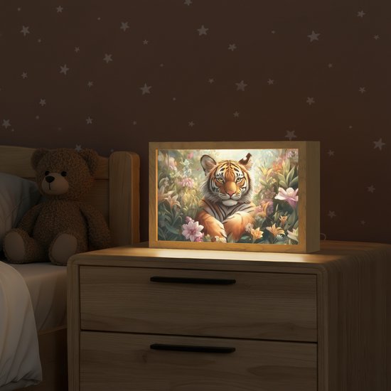 Nachtlampje 30x20 cm - Kinder lampje - Tijger - Bloemen - Jungle - Dieren - Tafellamp kinderkamer - Slaapkamer lamp - Bedlamp kinderen - Kinderlampje stopcontact - Wandlamp babykamer - Nachtlampjes van Merkloos — afbeelding 2