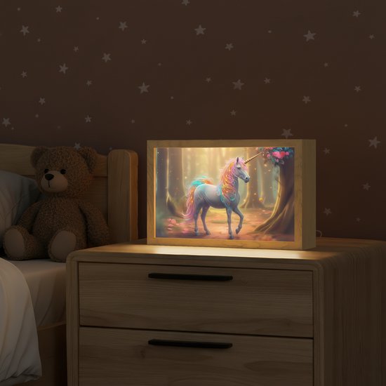 Nachtlampje 30x20 cm - Kinder lampje - Eenhoorn - Bos - Kleurrijk - Bloemen - Meiden - Tafellamp kinderkamer - Slaapkamer lamp - Bedlamp kinderen - Kinderlampje stopcontact - Wandlamp babykamer - Nachtlampjes van Merkloos — afbeelding 2