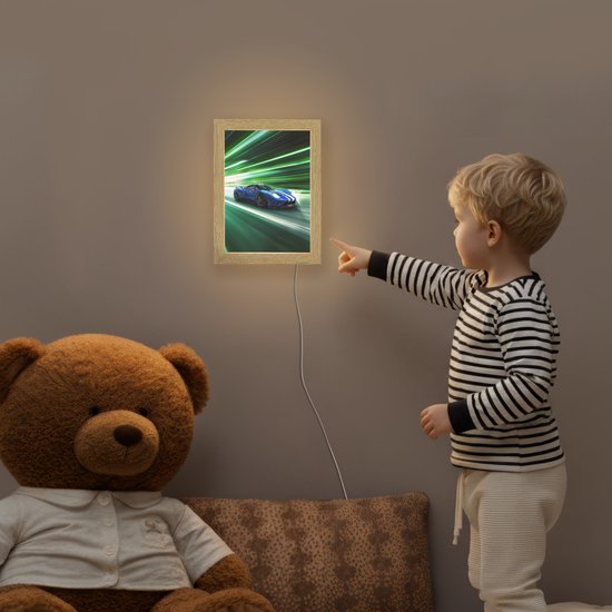 Nachtlampje 15x20 cm - Kinder lampje - Race auto - Blauw - Groen - Tafellamp kinderkamer - Slaapkamer lamp - Bedlamp kinderen - Kinderlampje stopcontact - Wandlamp babykamer - Nachtlampjes van OnlyWow — afbeelding 5