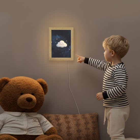Nachtlampje 15x20 cm - Kinder lampje - Wolkje - Gezichtje - Sterren - Donkerblauw - Tafellamp kinderkamer - Slaapkamer lamp - Bedlamp kinderen - Kinderlampje stopcontact - Wandlamp babykamer - Nachtlampjes van Merkloos — afbeelding 5