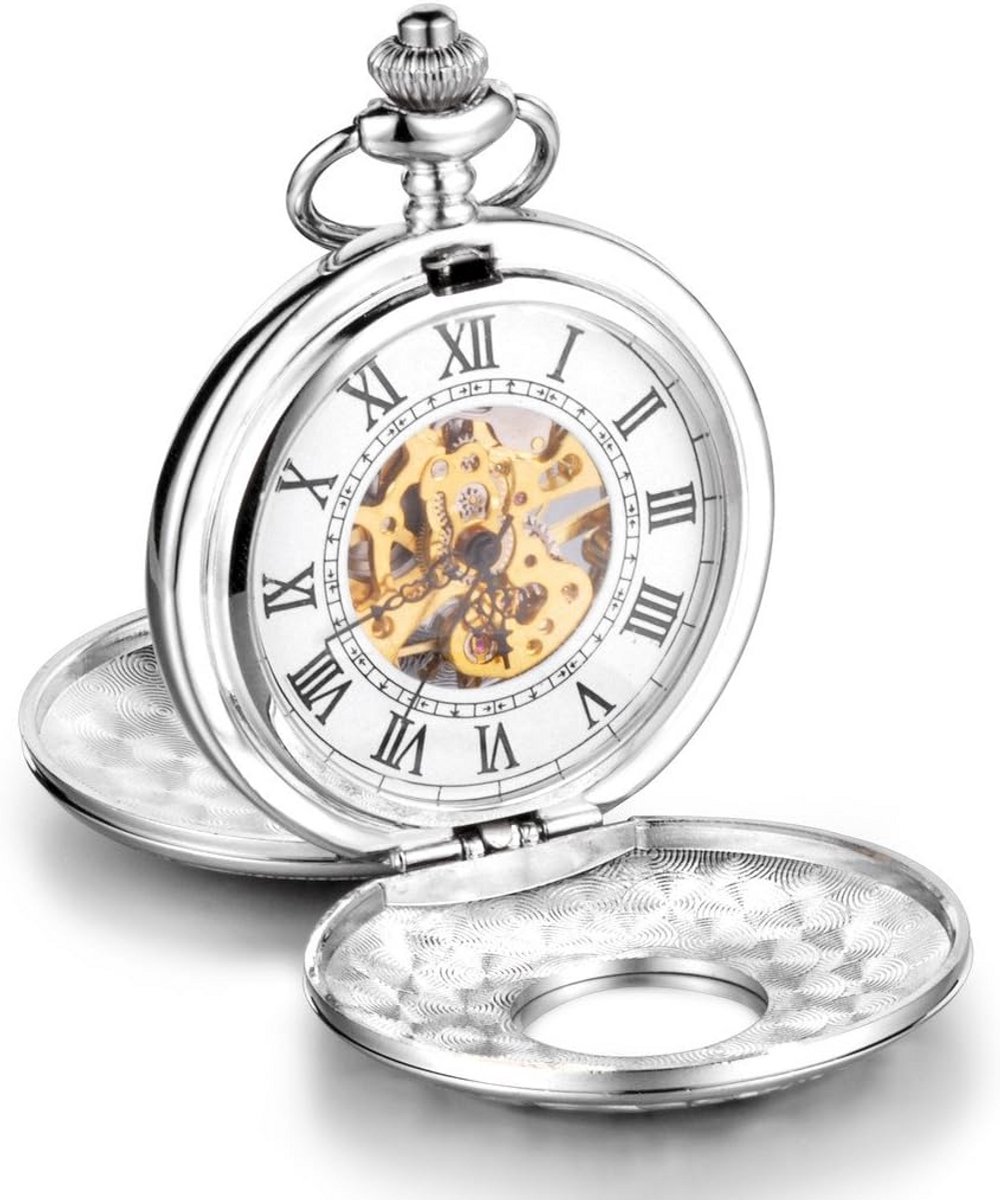 Luxe Antiek Zakhorloge Grote Model met Skelet Wijzerplaat en Romeinse Cijfers