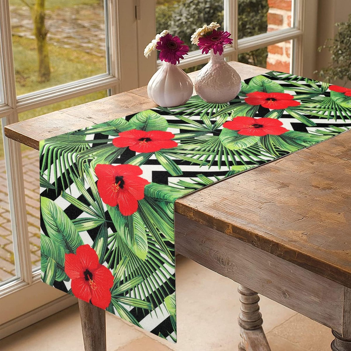Tafel Loper met Groene Bladeren en Bloemenprint - Linnen - 40x140 cm