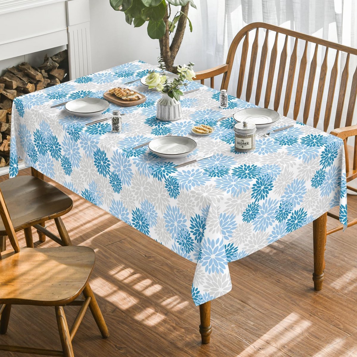 Bloemen Kerst Tafelkleed Blauwe Dahlia's Winter Tafelrok 140x180cm