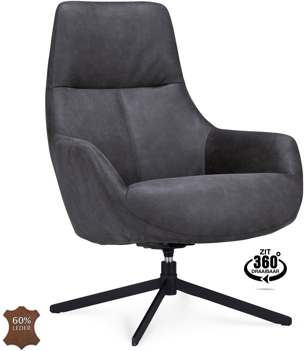 Icon Living - Fauteuil Vander Microleder Bull Anthracite Poot Zwart 360° Draaibaar