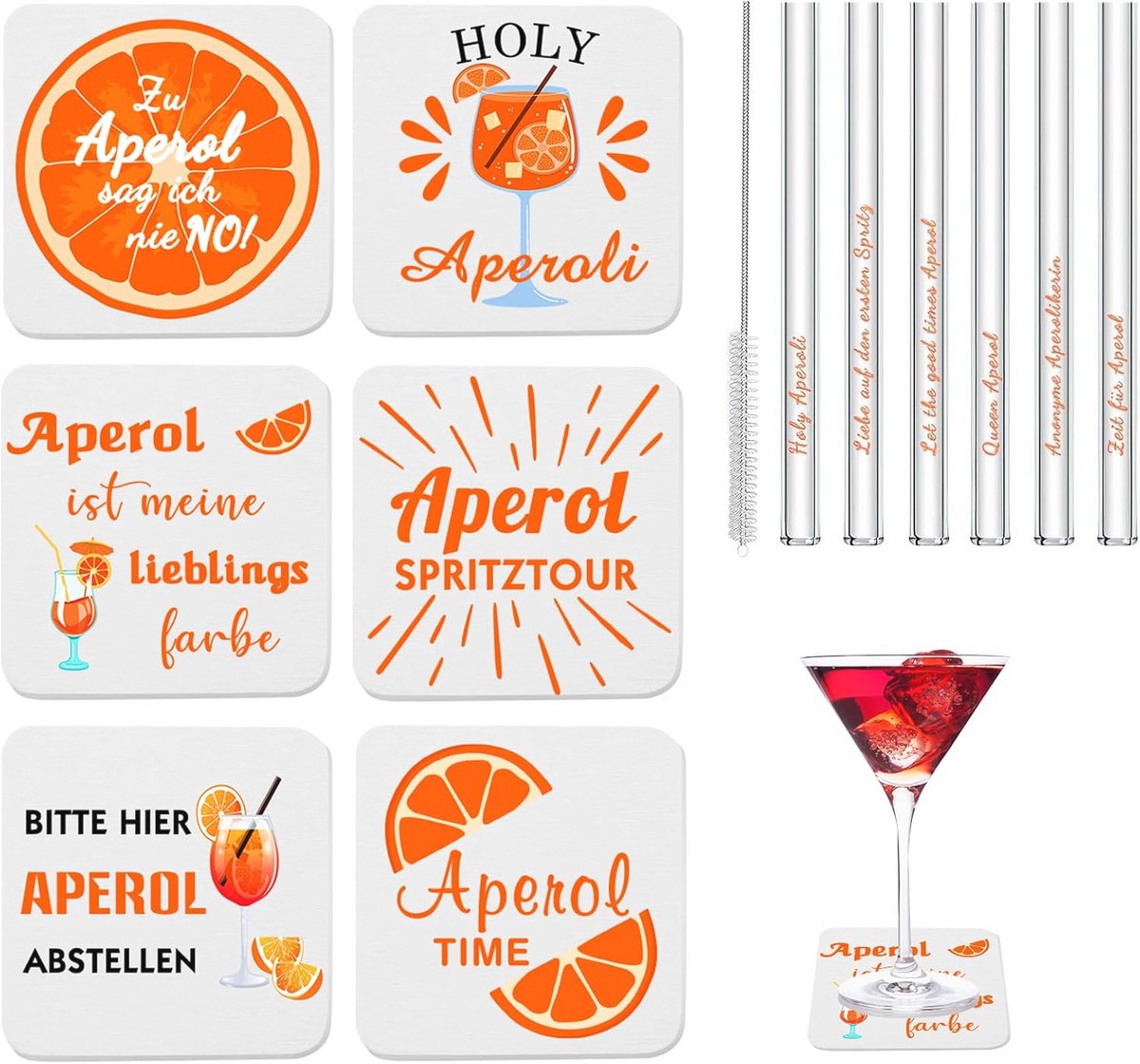Aperol Spritz Cadeau Set - 12 Delen inclusief Rietjes, Glas en Onderzetters