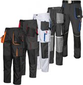 Vijf werkbroeken in verschillende kleuren: zwart met oranje, grijs met rood, wit met blauw en twee grijze.