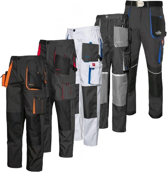Vijf werkbroeken in verschillende kleuren: zwart met oranje, grijs met rood, wit met blauw en twee grijze.