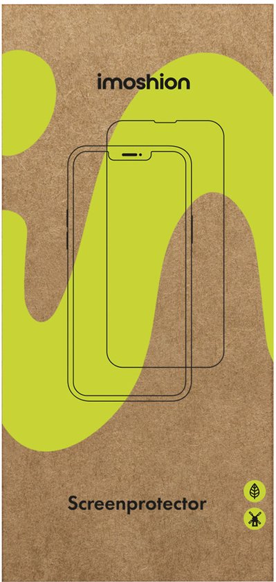 Emballage d'un protecteur d'écran imoshion, avec un dessin de deux écrans de téléphone sur fond brun avec des formes abstraites vertes.