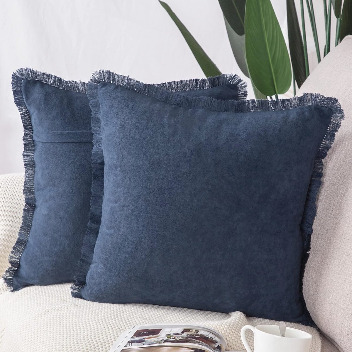 Set van 2 Kort Suède Kussenslopen 60x60 cm Donkerblauw - Zachte en Decoratieve Kussenhoezen voor Sofa of Slaapkamer