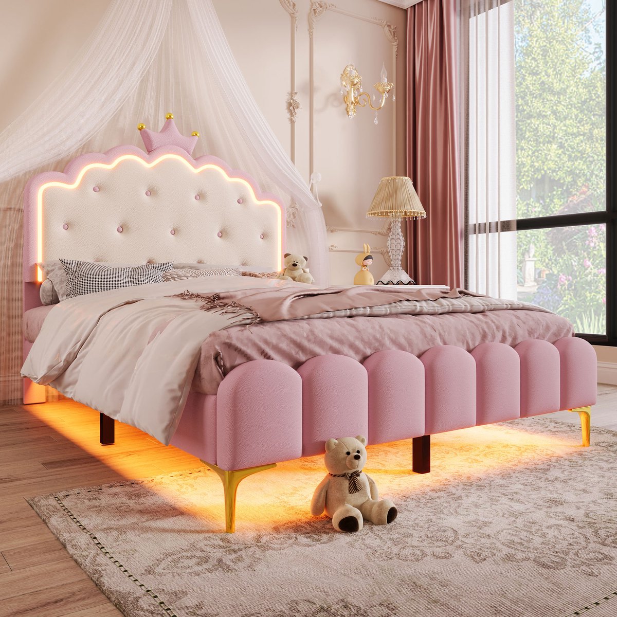 Wishdor Gestoffeerd Bed 140x200 cm – Kroonvormig Hoofdbord – App-gestuurde LED – Prinsessenbed – Romantisch & Compleet – PU – Roze