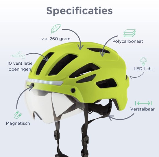 GOOFF® RIDER Casque de vélo avec visière et éclairage - Casque Ebike pour adultes - Convient aux vélos électriques et aux vélos de course - Lumière LED - Femmes et hommes - Jaune fluo - M