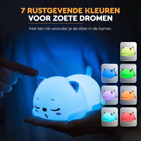 Luna Nachtlampje Kinderen LED - Slapende Kat Nachtlamp - Siliconen Baby Nachtlamp - Touchbediening - Kleurveranderend - Dimbaar - Draadloos - USB-C Oplaadbaar - Luna van Merkloos — afbeelding 3