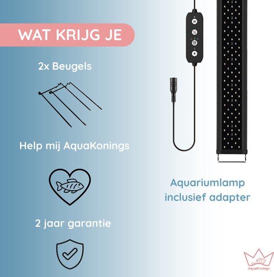 Inhoud van de verpakking: 2 beugels, helpdesk, 2 jaar garantie en aquariumlamp met adapter.