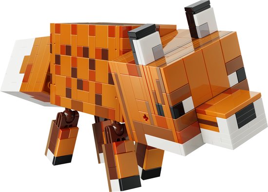 Renard LEGO Minecraft constructible orange à taches brunes, queue et pattes blanches, vu de côté.
