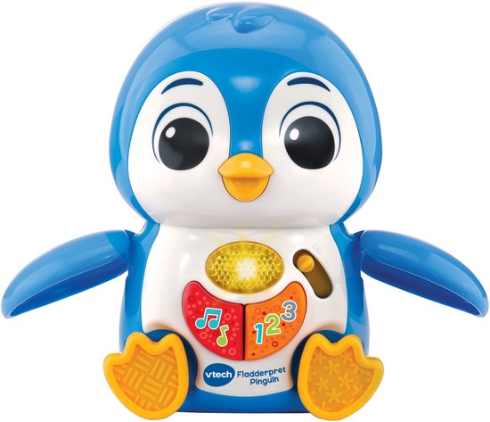 Blauwe VTech fladderpret pinguïn speelgoed met oranje poten en buik met lichtjes.