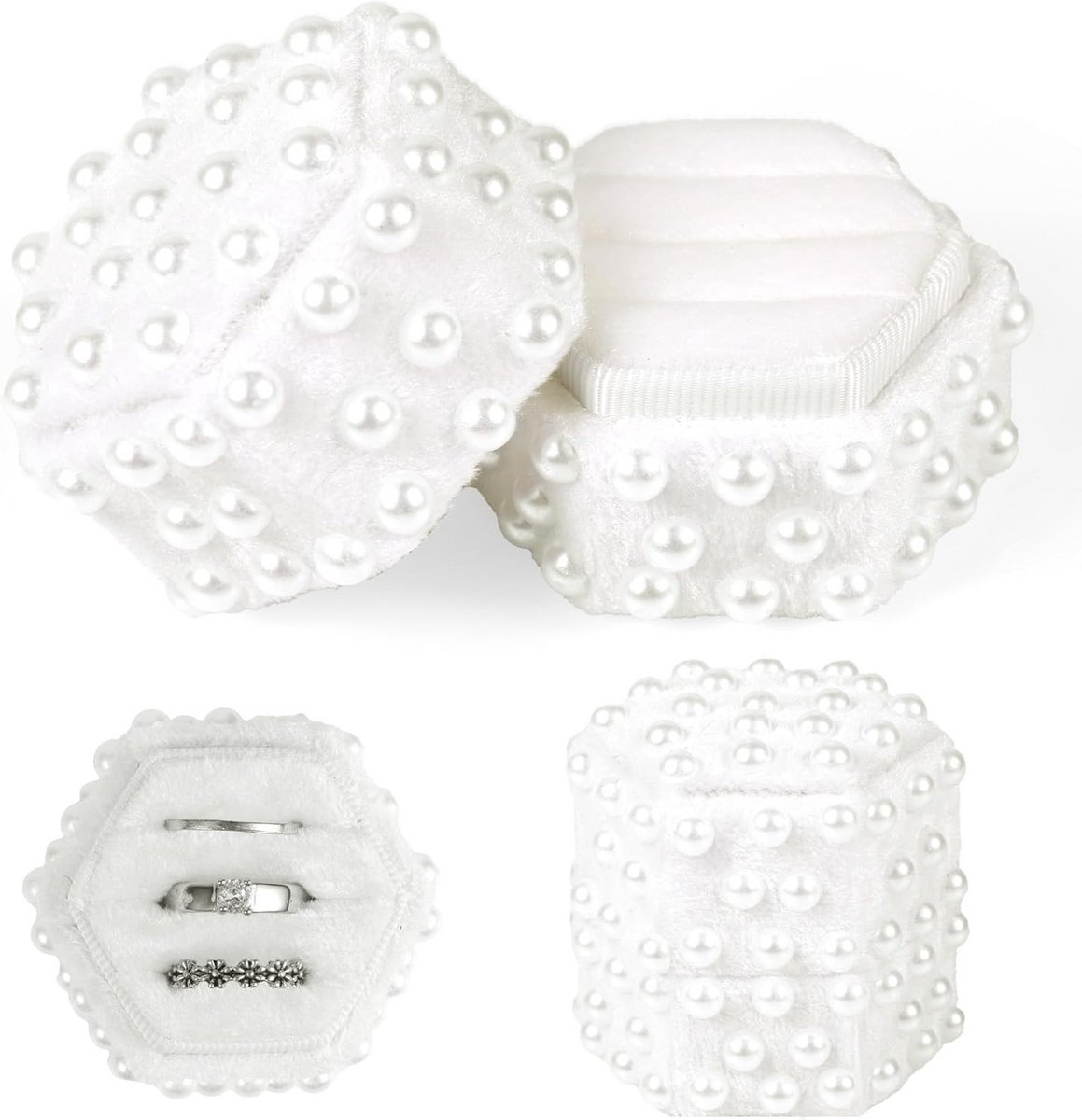 Elegante Zeshoekige Ringdoos voor Trouwringen met 3 Vakken - Perfect voor Verloving en Bruiloft