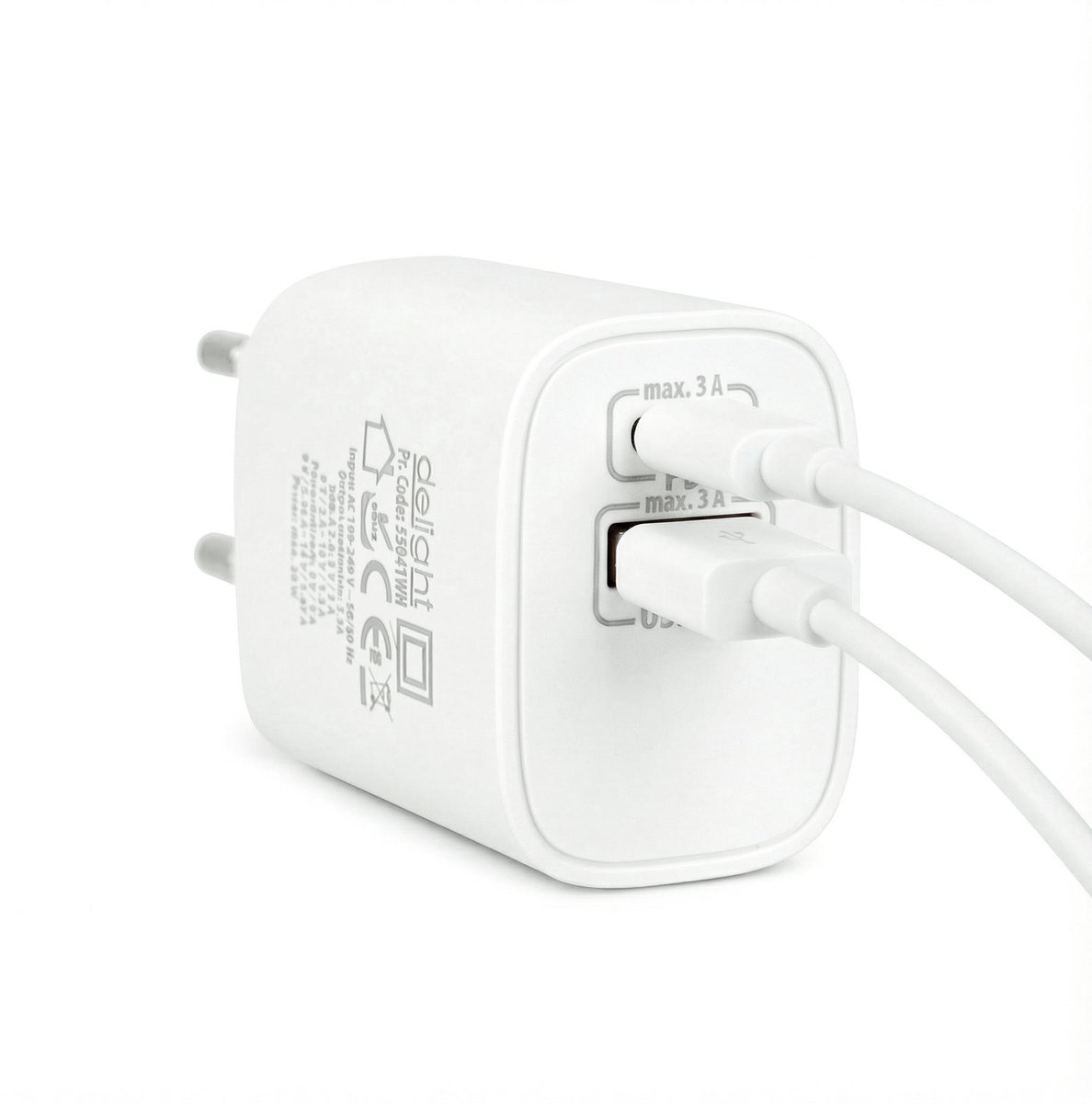 Oplaadblok Snellader – USB-A + USB-C Power Delivery 20W – Adapter / Netwerkadapter – Quick Charge 3.0 – Compact – Wit 1 Stuks [55041WH]