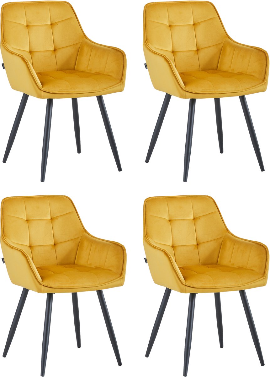 Colenis Oriana Eetkamerstoelen - Set Van 4 - Okergeel - Fluweel - Velvet - Industrieel - Met armleuning - Stoel