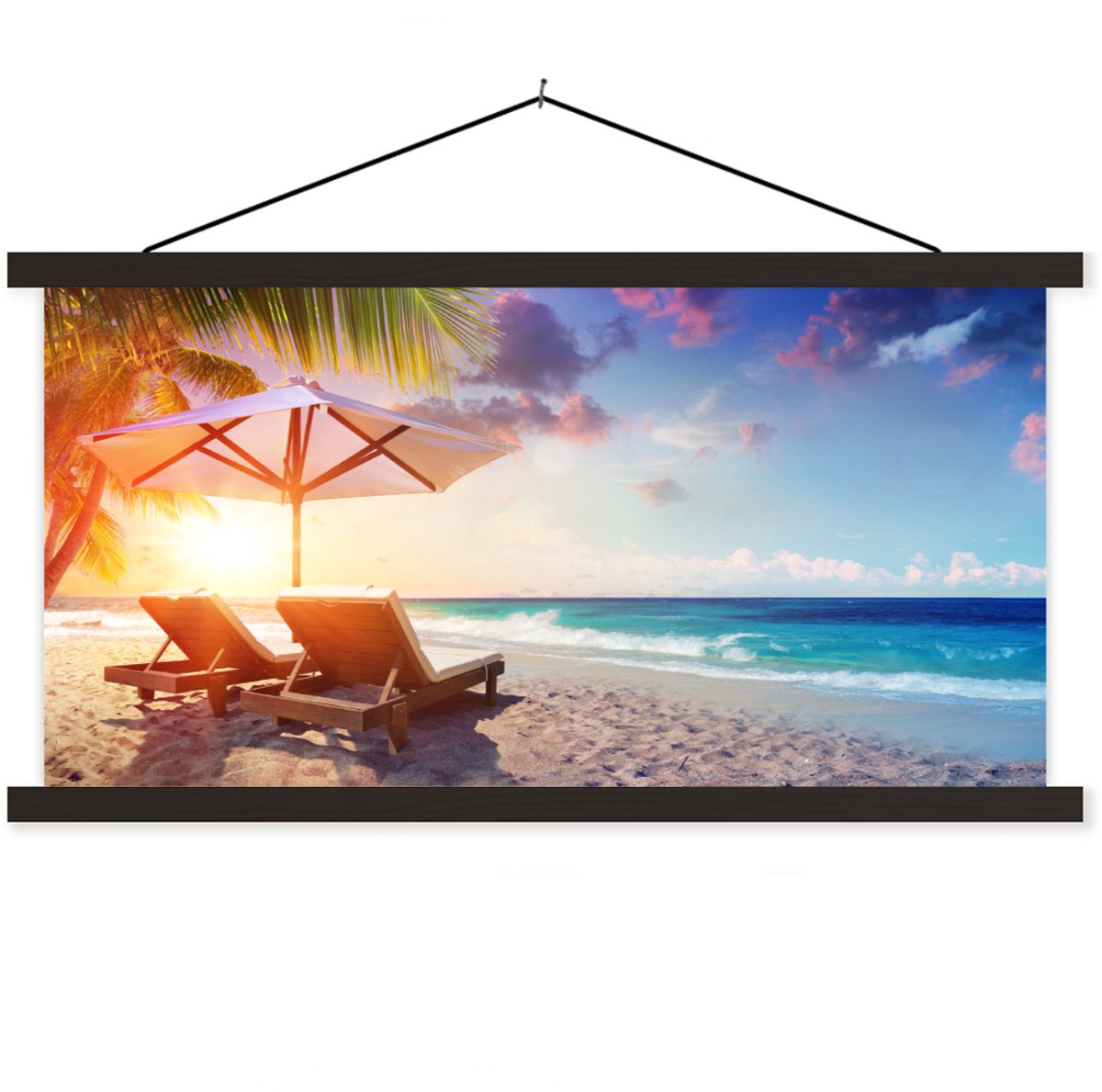 Posterhanger incl. Poster 150x75 cm - Schoolplaat - Parasol - Stoelen - Strand - Textielpo