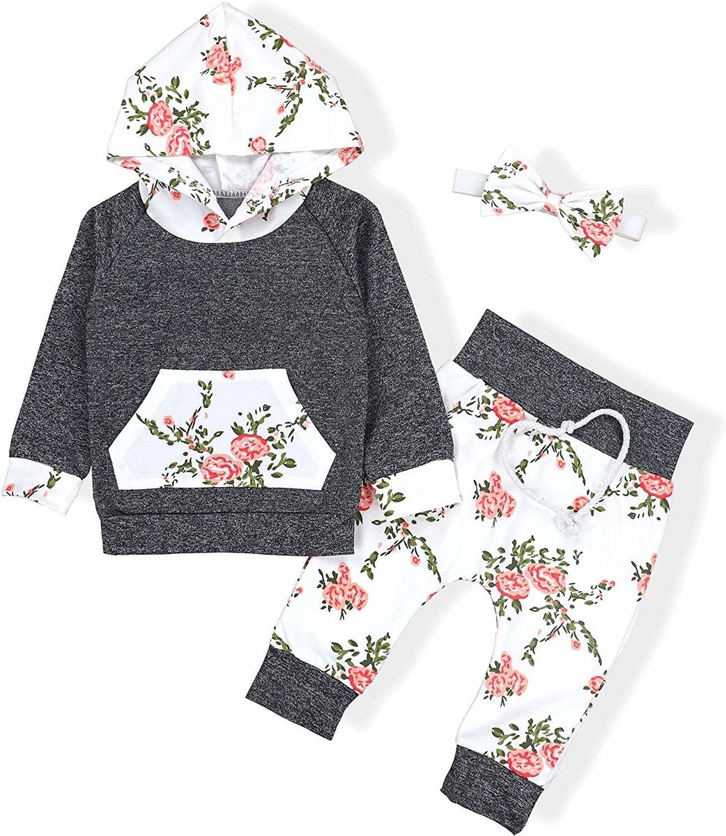 Schattige Meisjes Kleding Set: Lange Mouwen Hoodie met Bloemenprint en Bijpassende Broek