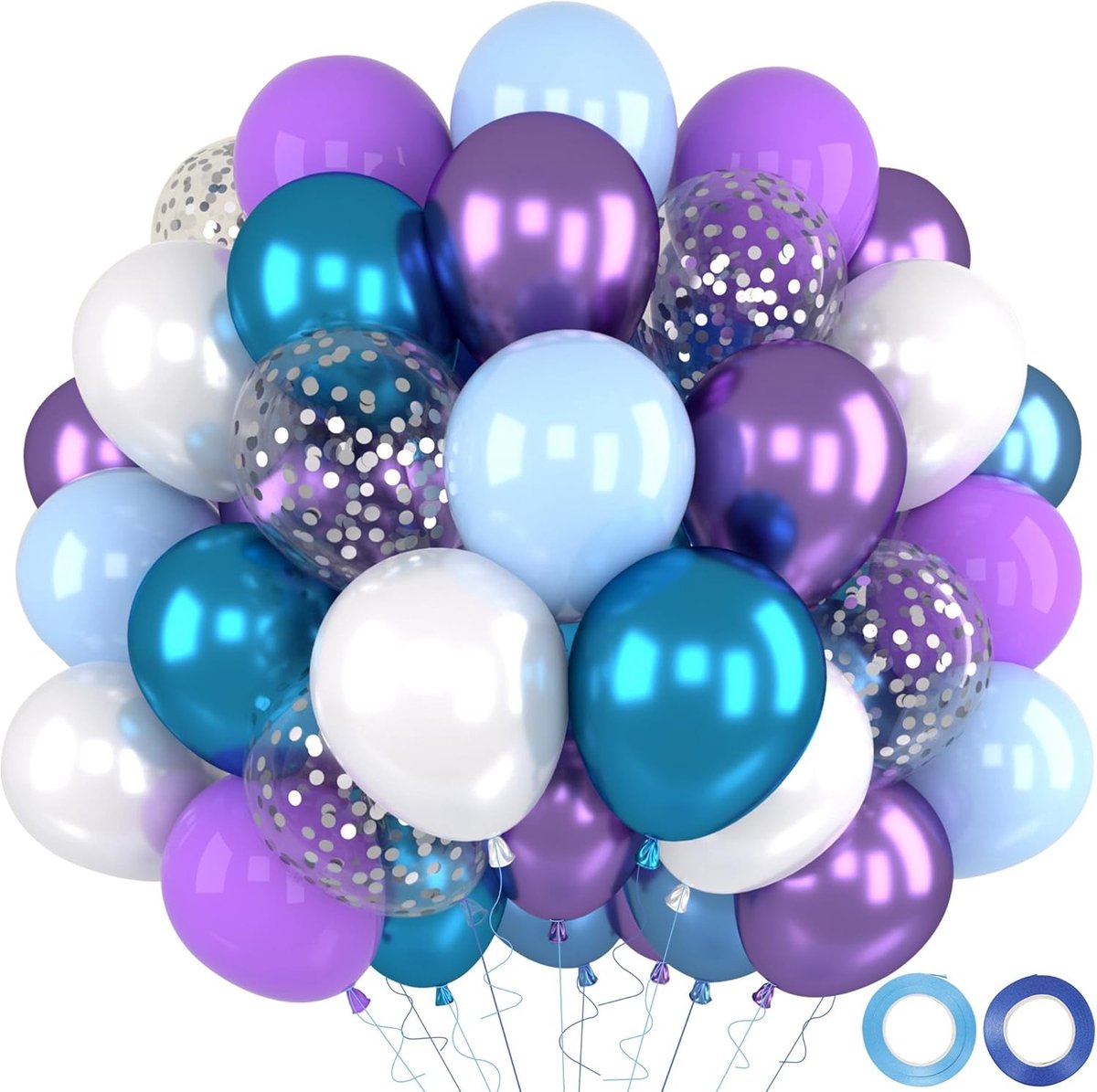 Blauw Paarse Ballonnen Set, 52st 12 Inch Blauw Paarse Witte Ballon met Metallic Lila Blauw Zilveren Confetti Latex Ballon voor Verjaardagsfeest Decoratie Huwelijk Verjaardag Baby Shower Doop