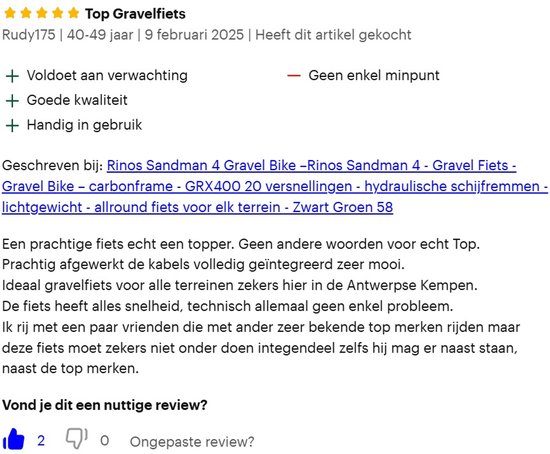 Klantrecensie met sterbeoordeling en positieve commentaren over de 'Rinos Sandman 4 Gravel Bike'.