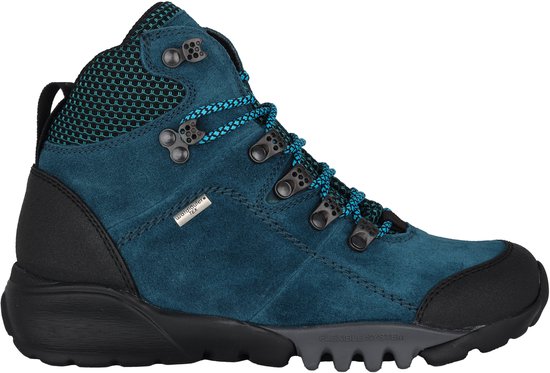 Botte mi-haute en daim bleu avec des accents noirs et des lacets bleus.