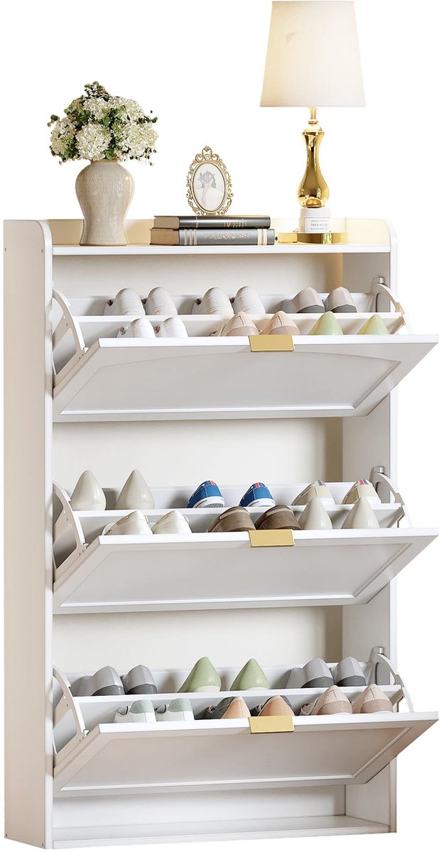 Merax Smalle Schoenenkast Met 3 Klapdeuren - Schoenenrek En Schoenenkast Voor Hal En Gang - Anti Kantelvoorziening - Wit - 76 X 23 X 118 Cm