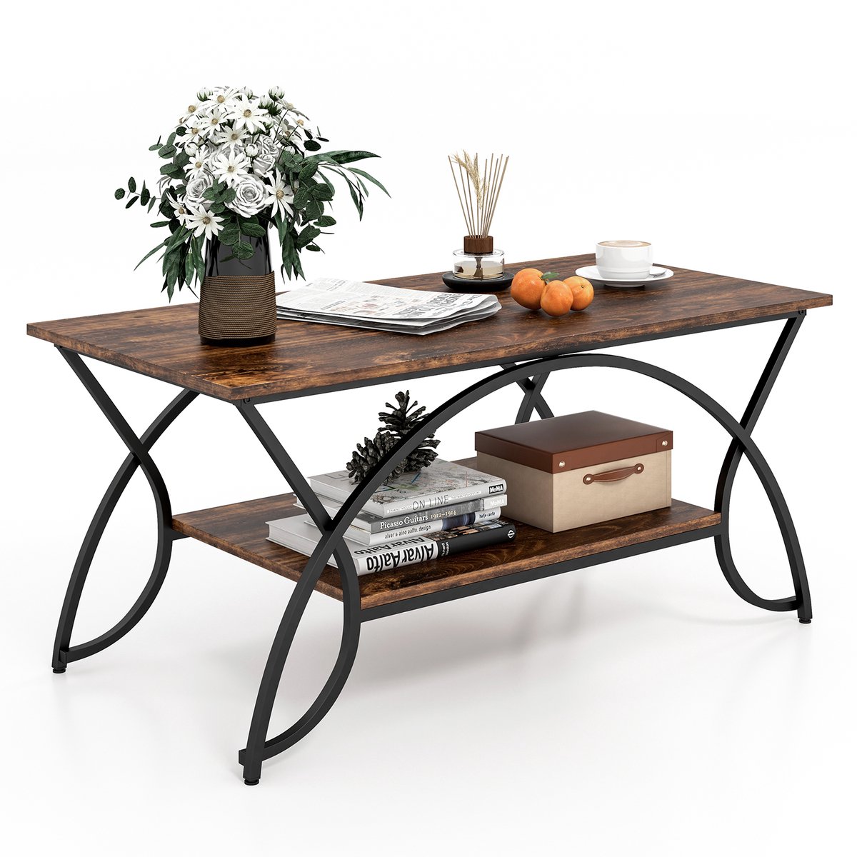 Costway Salontafel, koffietafel met plank en metalen frame, woonkamertafel, bijzettafel, banktafel voor woonkamer, 100 x 50 x 45 cm (vintage bruin-zwart)