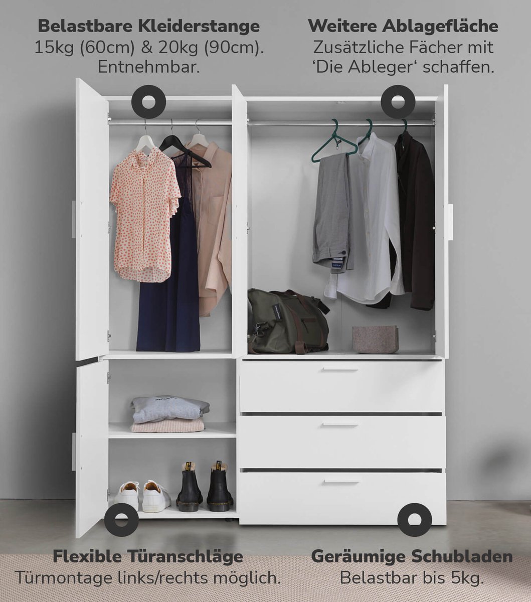 mokebo Kledingkast (150x187 cm) van hout in Zwart 4 deuren & 3 lades 'Der Grenzenlose' slaapkamerkast modulair & combineerbaar, garderobekast, halkast, draaideurkast, kast