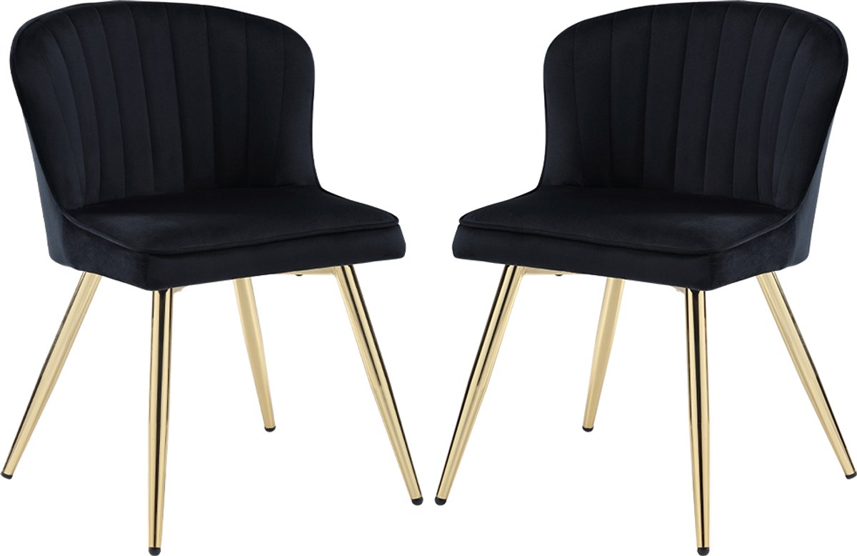 chairus Eetkamerstoel Set van 2 stoelen - Zwart - Velvet - Met Metalen Poten - Schelpvormige rugleuning - Armloze stoelen - Gewatteerde zitting - Voor de Woonkamer en Keuken