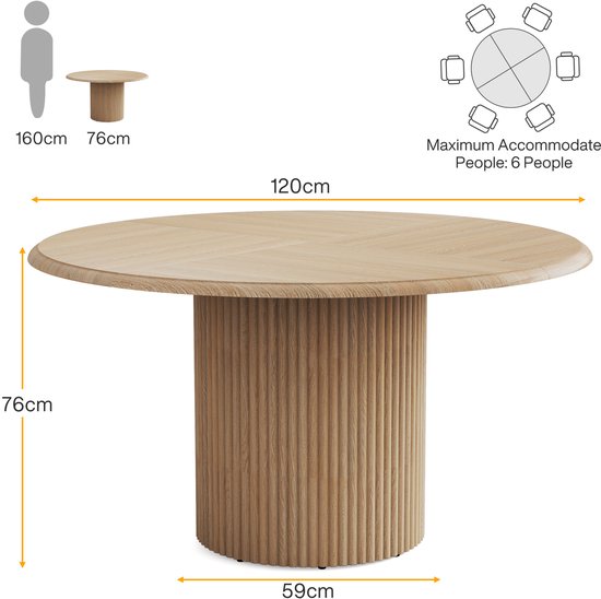 Afmetingen van een ronde eettafel met houten visgraatblad en gecanneleerde poot: 120 cm breed, 76 cm hoog. Geschikt voor 6 personen.